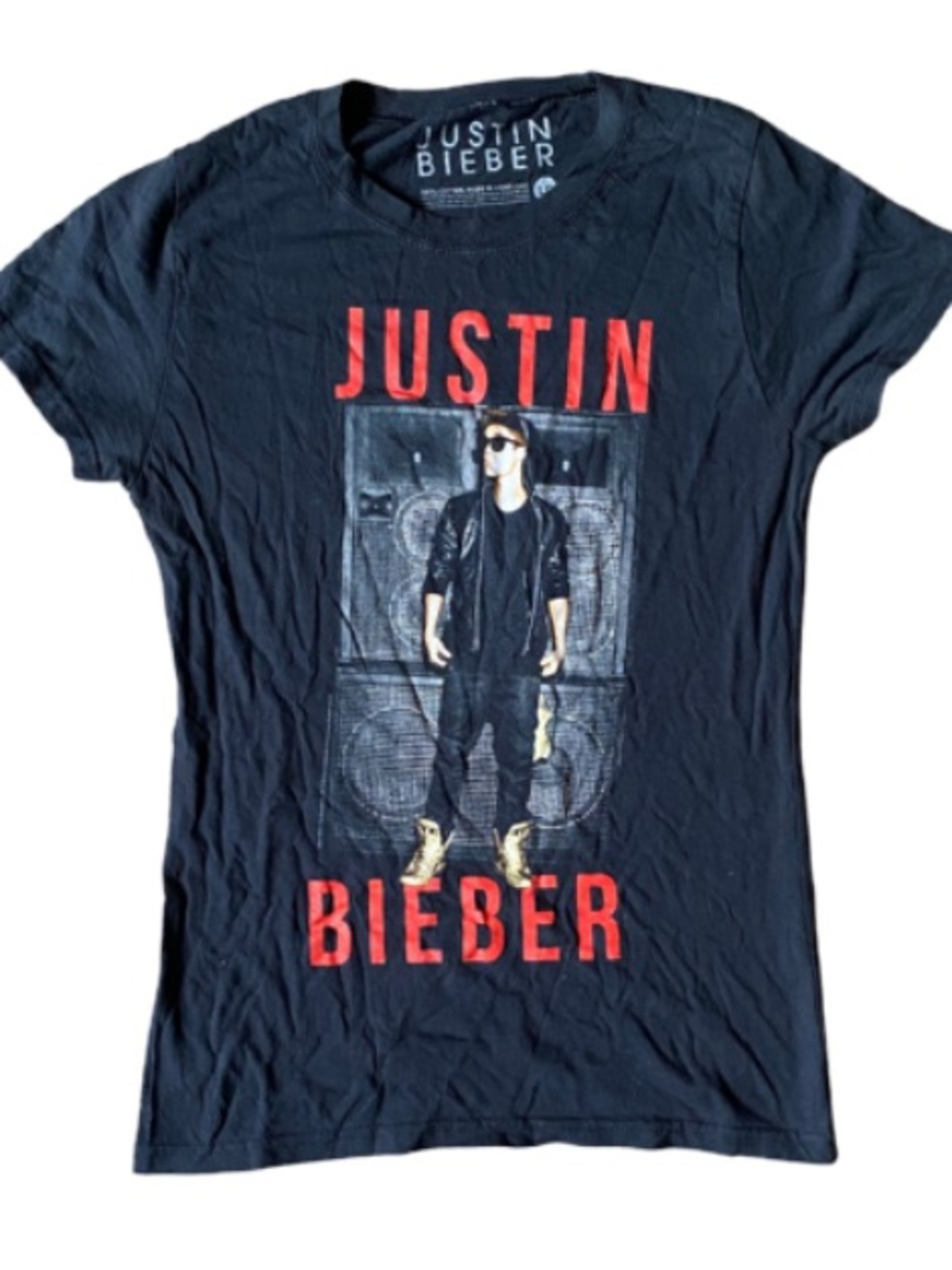 Justin Bieber Black Short-Sleeve Graphic Tee with Red Lettering Junior Size L